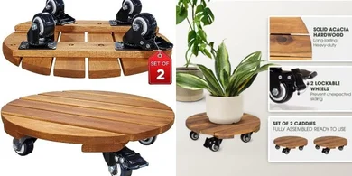 Idzo Acacia Wood Plant Caddy: Heavy-Duty, 264 lbs, 360° Wheels