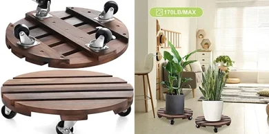 Heavy-duty wooden rolling plant caddy with lockable casters (2-pack, 12").