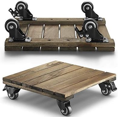 Acacia Wood Plant Caddy Set (2), 12" Square, Lockable Wheels
