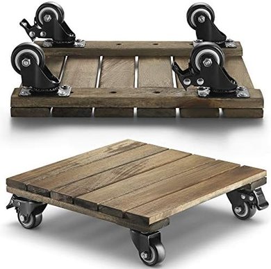 Acacia Wood Plant Caddy Set (2), 12" Square, Lockable Wheels