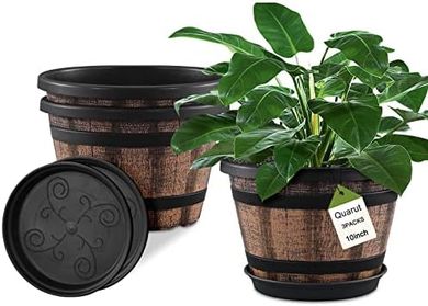 Brown Whiskey Barrel Plant Pots (3-pack, 10", drainage)
