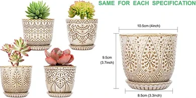 Creamy White Ceramic Succulent Pots with Saucers (Set of 4)