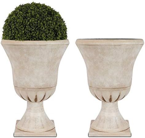 Beige Resin Urn Planters (22", 15", 2-pack) for Indoor/Outdoor Use
