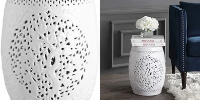 Tree of Life Ceramic Garden Stool: White, Indoor/Outdoor
