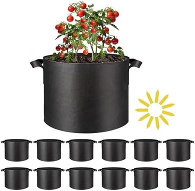 Heavy-duty 5-gallon grow bags (12-pack) with handles for vegetables & flowers.
