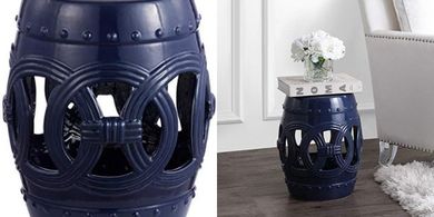 Navy Ceramic Drum Garden Stool: Spill-proof, versatile side table.
