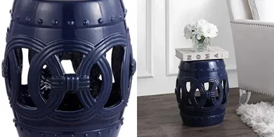 Navy Ceramic Drum Garden Stool: Spill-proof, versatile side table.