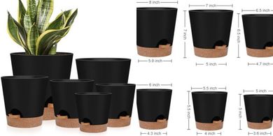 Black Self-Watering Planters (6 pots, 5.5-8 inch)
