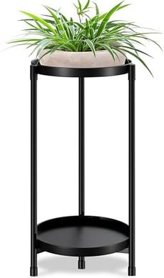 Heavy-duty 2-tier round metal plant stand for indoor/outdoor use.
