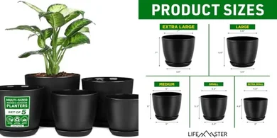 Black Stackable Plastic Plant Pots (5-pack) for Indoor/Outdoor Use
