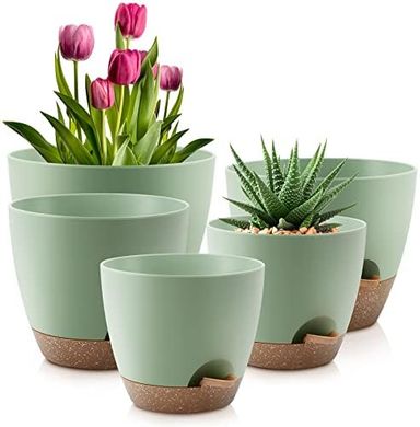 Green Self-Watering Plastic Plant Pots (5-Piece Set)
