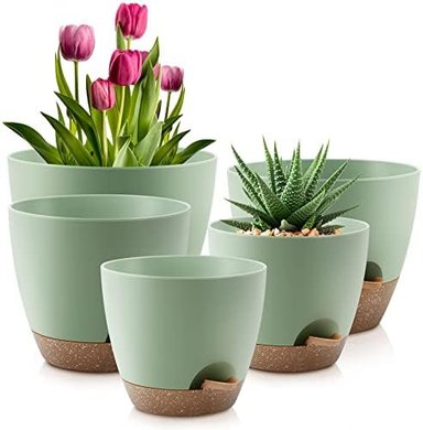 Green Self-Watering Plastic Plant Pots (5-Piece Set)