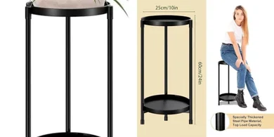Heavy-duty 2-tier round metal plant stand for indoor/outdoor use.