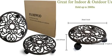 Rustic Dark Brown Cast Iron Plant Caddy with Wheels