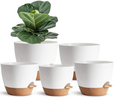 Self-Watering Plant Pots: 5 sizes, white plastic.
