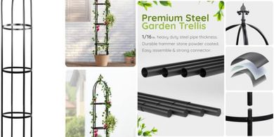 Idzo Metal Obelisk Trellis: 6ft Black, Heavy-Duty, Hammer-Stone Coated
