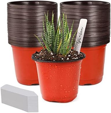 100 Red 4" Plastic Plant Pots with Labels (Seed Starting)
