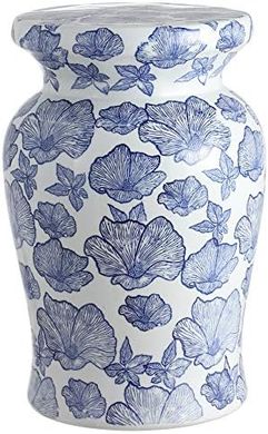 Poppies Ceramic Garden Stool: Coastal Modern Side Table (White/Blue)
