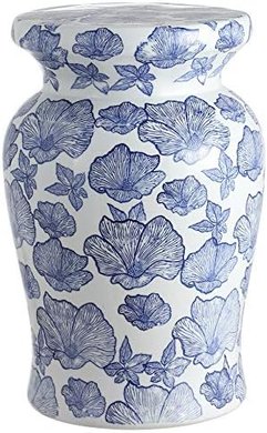 Poppies Ceramic Garden Stool: Coastal Modern Side Table (White/Blue)