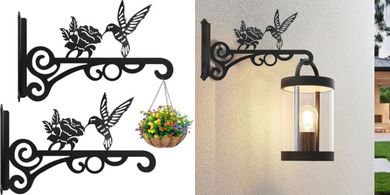 Heavy-duty metal plant hangers (2-pack, 10-inch) with hummingbird design.
