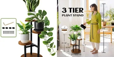 AUGOSTA 3-Tier Plant Stand: Indoor/Outdoor Metal & Wood Shelf