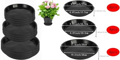 12-Pack Black Plastic Plant Saucers (8", 10", 12")