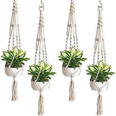 Sorbus Macrame Plant Hangers (4-pack): Indoor/Outdoor Cotton Rope Pots