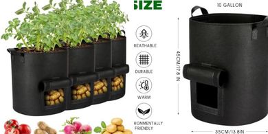 Heavy-duty 10-gallon grow bags with handles (4-pack) for planting.
