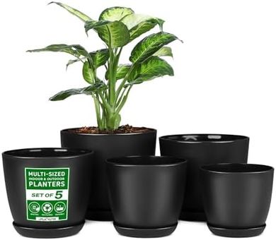 Black Stackable Plastic Plant Pots (5-pack) for Indoor/Outdoor Use
