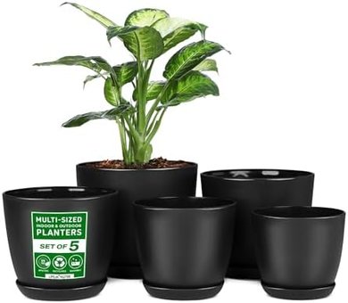 Black Stackable Plastic Plant Pots (5-pack) for Indoor/Outdoor Use