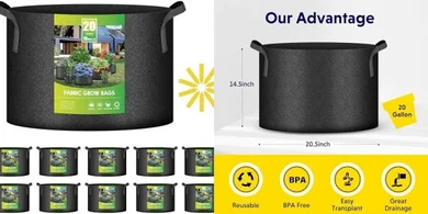 iPower Heavy-Duty 20-Gallon Plant Bags (10-Pack)