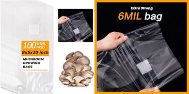 Durable Mushroom Grow Bags (100-pack, 8x5x20", 6 mil, 0.2 micron)
