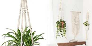 Macrame Plant Hanger with Wood Beads (35", Ivory)
