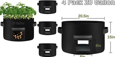 Heavy-duty 20-gallon potato grow bags (4-pack) with handles and harvest windows.
