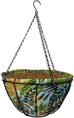 14-inch Hanging Basket: Green/Blue Fabric, Coco Liner