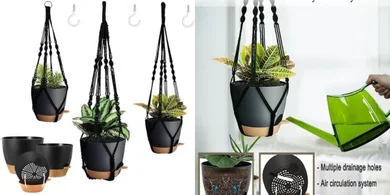 Black Macrame Hanging Planters with 3 Sized Pots & Hooks
