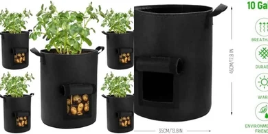 Heavy-duty 10-gallon potato grow bags (5-pack) with handles.
