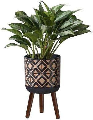 Boho Standing Planters with Wood Stand (Black Gold, 10")