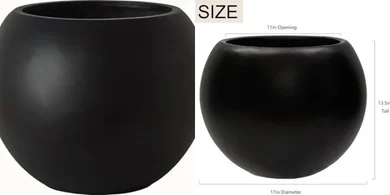 Large Black Fiberstone Planter with Drainage (17" Dia, 13.5" H)