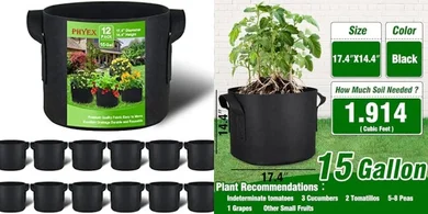 PHYEX 12-Pack 15-Gallon Grow Bags with Handles & Plant Labels