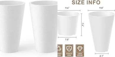 Kante White Planters: 2 x 15" Tall Round Pots for Indoor/Outdoor Use