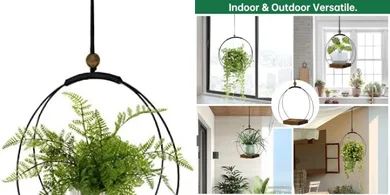 Modern Boho Macrame Hanging Planters with Sturdy Wood Base