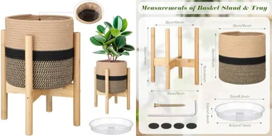 Modern Woven Plant Basket with Stand (Black & Beige, 10")