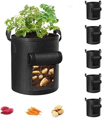 Heavy-duty 5-pack 10-gallon grow bags for vegetables and fruits.